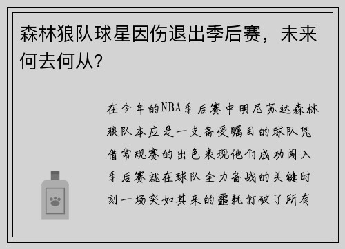 森林狼队球星因伤退出季后赛，未来何去何从？