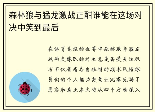 森林狼与猛龙激战正酣谁能在这场对决中笑到最后