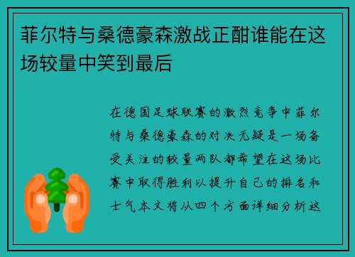 菲尔特与桑德豪森激战正酣谁能在这场较量中笑到最后