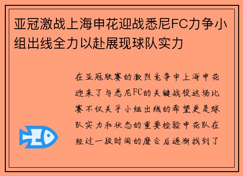 亚冠激战上海申花迎战悉尼FC力争小组出线全力以赴展现球队实力