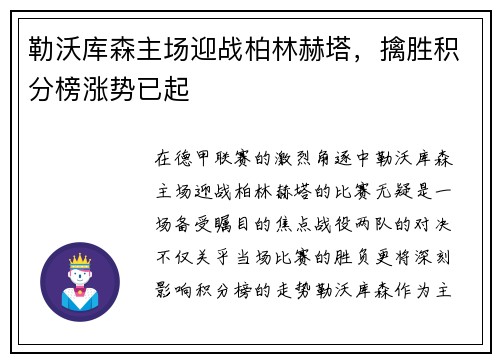 勒沃库森主场迎战柏林赫塔，擒胜积分榜涨势已起
