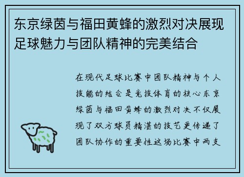 东京绿茵与福田黄蜂的激烈对决展现足球魅力与团队精神的完美结合