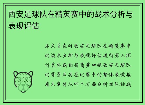 西安足球队在精英赛中的战术分析与表现评估