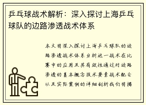 乒乓球战术解析：深入探讨上海乒乓球队的边路渗透战术体系