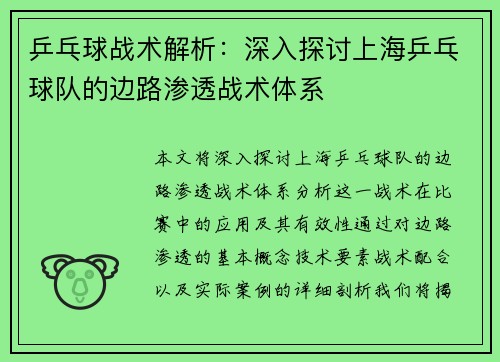 乒乓球战术解析：深入探讨上海乒乓球队的边路渗透战术体系