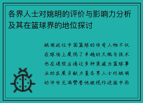 各界人士对姚明的评价与影响力分析及其在篮球界的地位探讨