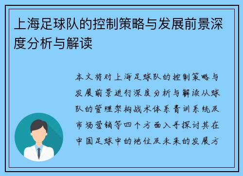 上海足球队的控制策略与发展前景深度分析与解读
