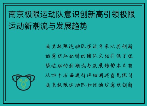 南京极限运动队意识创新高引领极限运动新潮流与发展趋势