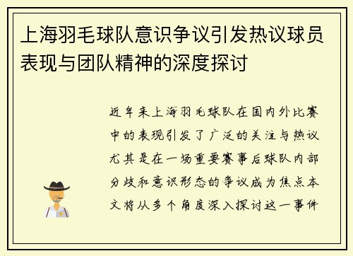 上海羽毛球队意识争议引发热议球员表现与团队精神的深度探讨